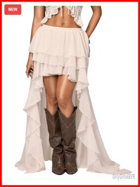 Boho Chiffon Ruffle Maxi Skirt Elastic Drop Waist Asymmetrical